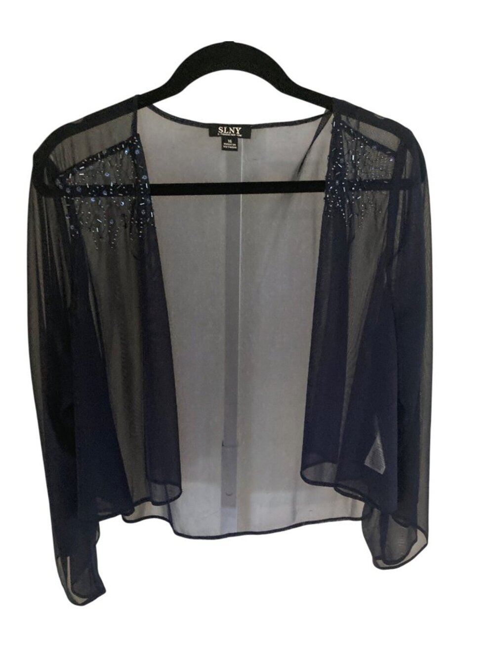 SLNY Women's Sheer Shrug  Evning Wear Navy Blue Sequin 16 NWT
